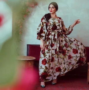 Foma Dresses AB032 turkey spring summer 2021 islamic women clothing red rose floral ruffle muslim maxi dress