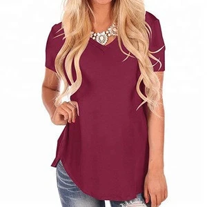 Forked Tail V-neck Line Tee Pure Color Shirt Women