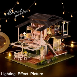 Free Dust Cover DIY Doll House Handmade Educational Toys Miniature Wooden Doll House Furniture Assembled Toys LED Lights