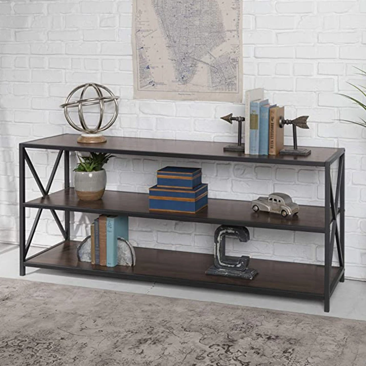 Free Sample Home Furniture Industrial Style Furniture Bookcase Metal 3-tier Metal And Wood Bookshelf
