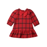 Girls Christmas Skirt Baby Long Sleeve Plaid Dress Cute Bow Tie Christmas Costume