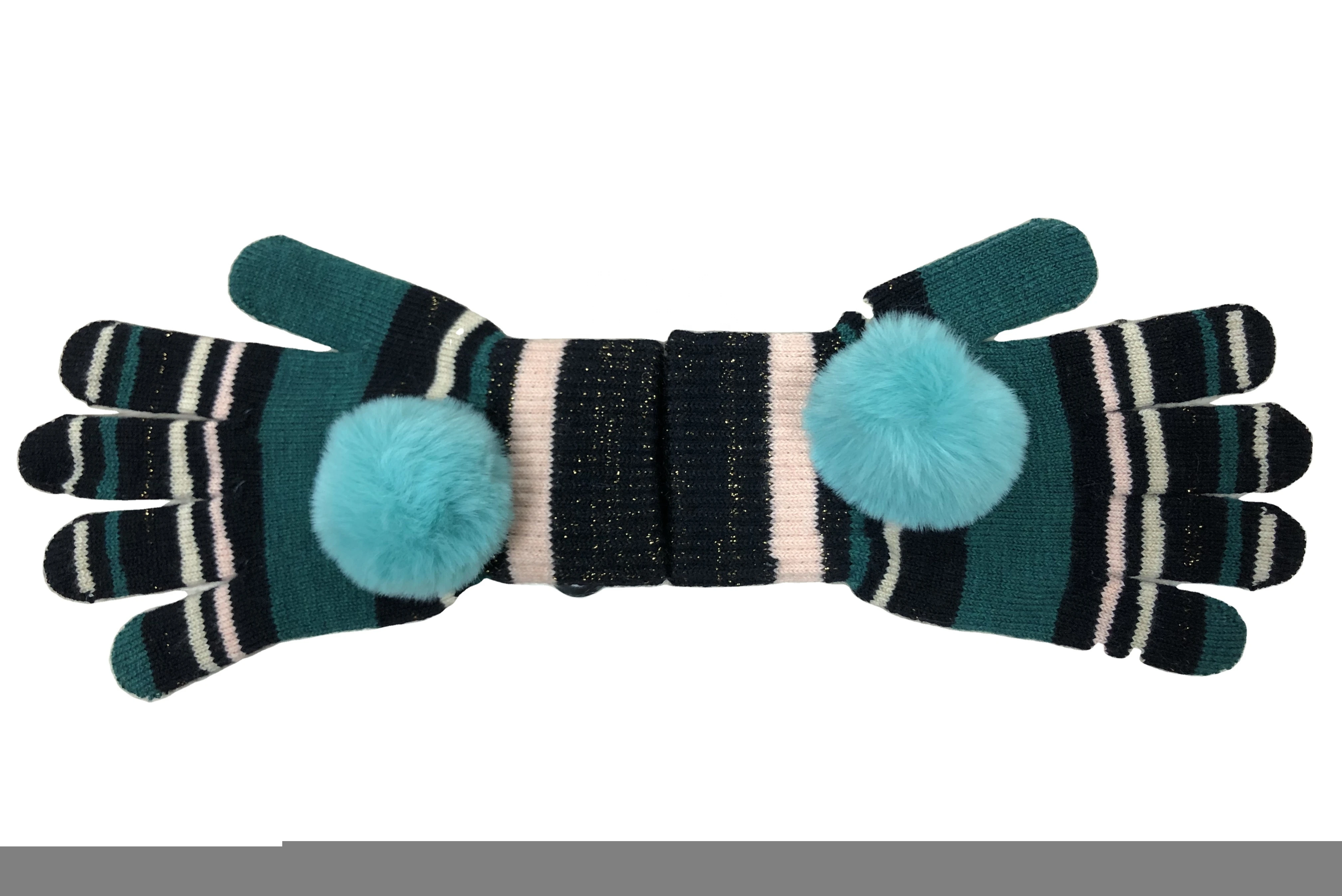 Girls Colour Striped Acrylic Knitted Magic Oringal Gloves with Pom Pom fur ball