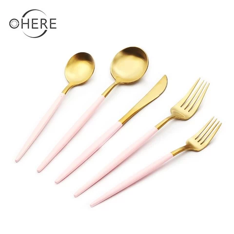 Gold metal solid steak knife and fork set wholesale stainless steel white and gold cutlery set