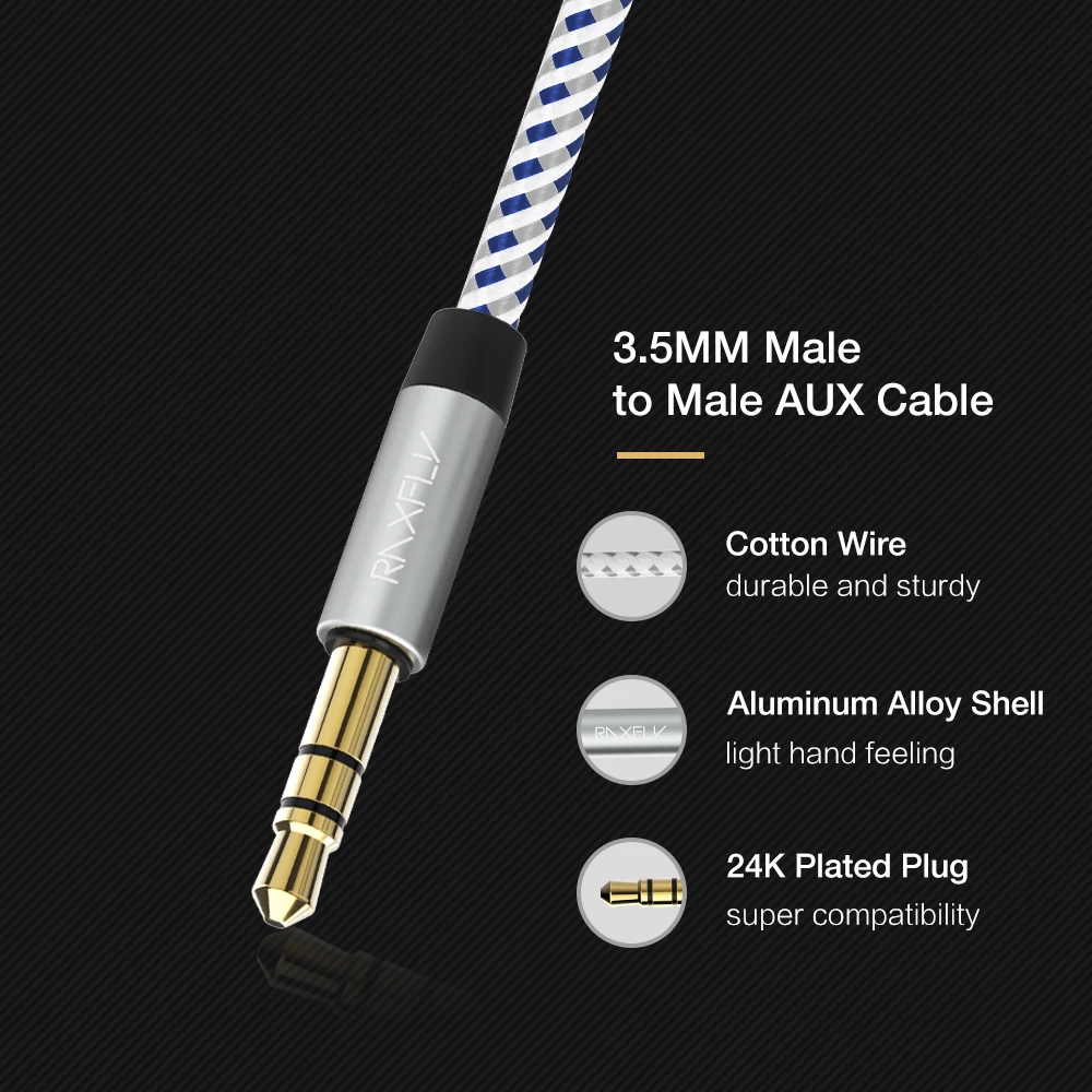 Great Free Shipping RAXFLY Braided Nylon Male to Male Stereo Aux Cables 3.5mm Jack Audio Cable