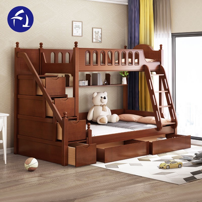 High quality luxury space saving children kids solid wood furniture sets bunk beds with bedside bookcase and safety guard rail