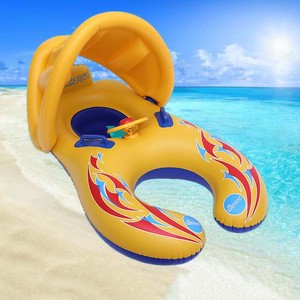 Hot sale inflatable yellow baby swimming float with seat wheel play in water swim float ring with canopy shade