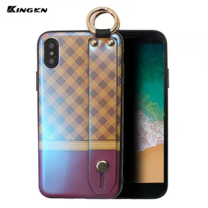 IMD smooth cell phone case blue ray back cover with strap metal finger ring holder mobile case cover for iPhone X