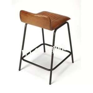 industrial and vintage iron metal and genuine leather seat bar stool