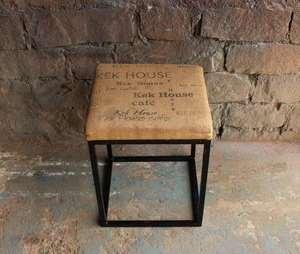 Industrial Vintage Stool in MS Iron And Seat in Jute Fabric With Printing For Cafe And Restaurant Stool