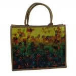 Jute burlap fabric tote shopping bags with burlap ribbon jute bag with button window zipper jute cross shoulder bags