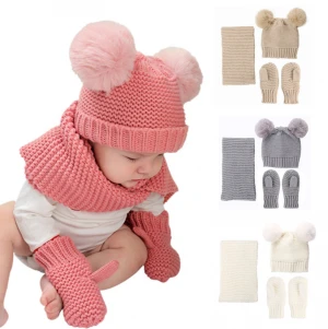 Kids Winter Beanie Hat Scarf Mittens Set Baby Toddler Knitted Hat Neck Warmer Gloves