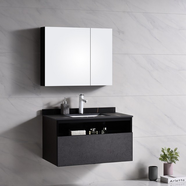 Luxury Black Wall Mounted Wood Bathroom Vanity Cabinet Furniture with Marble Countertop Basin,Mirror Cabinet with Shelves