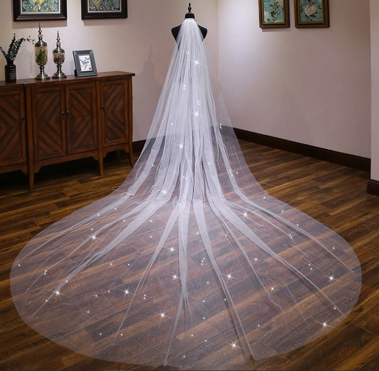 Luxury Sparkling Sequins Veil Wedding Veil Bridal Long New One-layer Veil 15-30days Appliqued Lace Edge 3 Pcs Quality Is High