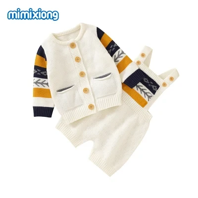 Mimixiong New Arrival Baby Sets Winter Baby Knitted Suspender Sleeveless Romper + Long Sleeve Coat Pockets Clothes Set 2PCS