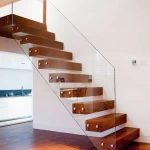 Modern design Interior straight wooden floating stair tread steps and tempered glass panel railing handrail staircase system