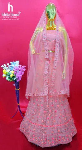 Most Selling Elegant Peach Pink Flower and amp Embroidery Net Lehenga Choli with Dupatta for Worldwide Exporter
