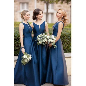 Navy Blue Bridesmaid Dresses Long Satin A-Line Formal Dress Wedding Guest Gowns 2019 New Maid of Honor Gown