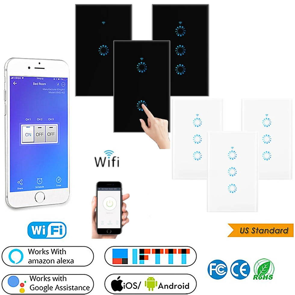 New 1/2/3 Gang Wi-Fi Wall Light Wireless Touch Switch white/black Intelligence Timing Control APP Work with Alexa Google Home