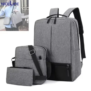 New Fashion 3 Pieces Set Polyester Wear-Resistant Laptop Backpack USB Charging Interface Travel Bag