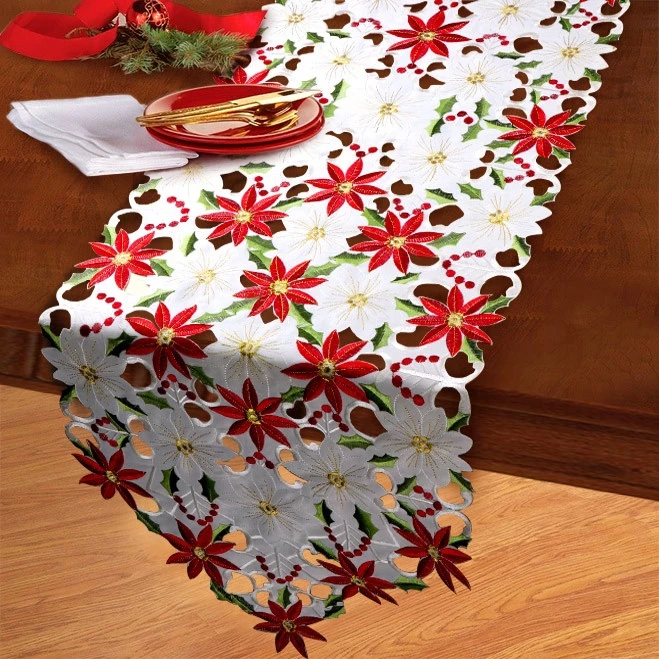 Ourwarm 15 x 70 Inch Poinsettia Embroidered Table Runners For Holiday Christmas Decorations