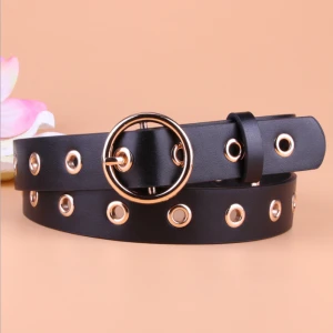 Personalized no-punch women&#x27;s PU belt Korean version round buckle women&#x27;s  wild round eye decorative  puffy decorative belt