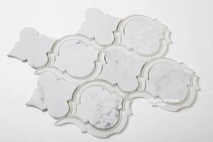 Polished Water Jet Crystal Glass mix White Carrara Marble Arabesque Mosaic Tiles