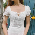Puff Sleeve Embroidery Empire Waist Dresses Summer Casual Short Ladies A Line Mini Women White Cotton Dress
