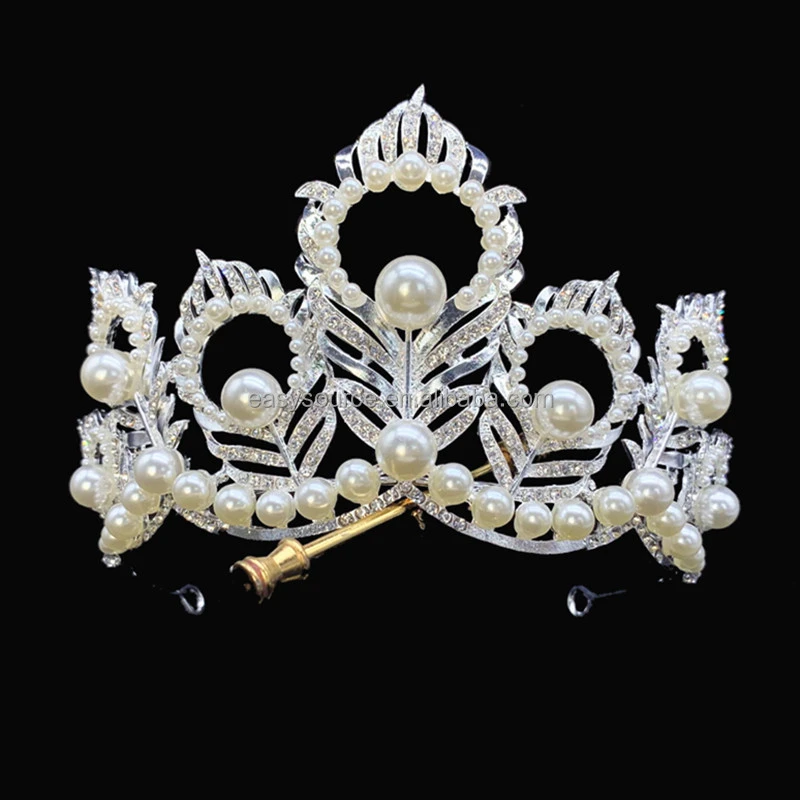 RE4151 Miss USA Tiara Pearl Peacock Feather Pageant Crown Miss Universe Tiara
