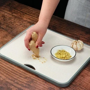 Reversible rice husk smart sink hanging vegetable meat cutting chopping board with juice groove and non slip feet