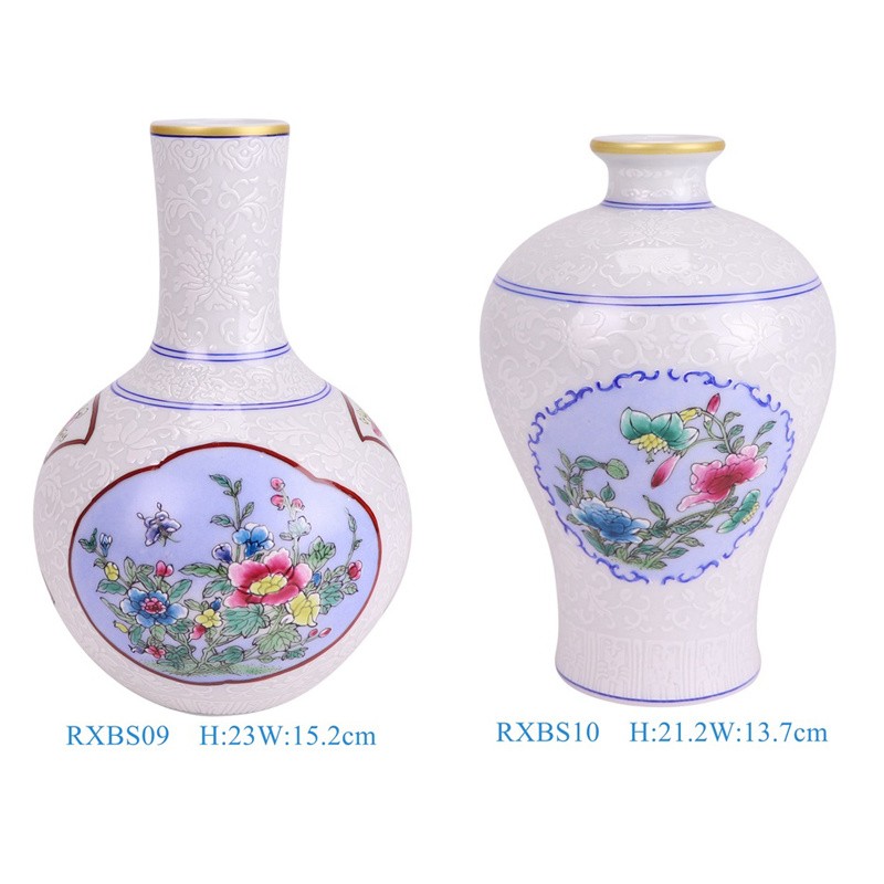 Rxbs09-10 Enamels Carved on White Ground Lotus Branch Butterfly Pattern Ceramic Vase