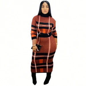 S110025 latest design high collar plaid printed long skirt women fall dress for women