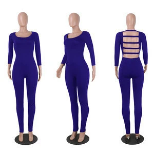 Sexy Round Neck Hollow-out Blue Milk Fiber One-piece Skinny Jumpsuit Sportswear