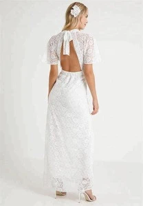 Short Sleeve Backless Front Open White Lace  Dress