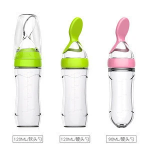 silicone bottle for baby food dispensing, silicone baby feeding bottle with spoon
