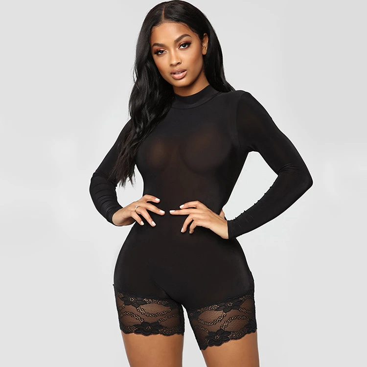 Spring Solid Fitted Bodycon Long Sleeve Rompers Casual Lace One Piece Romper Athletic Apparel Women Custom Workout Apparel -YS