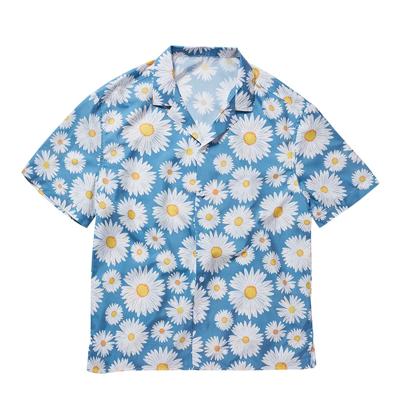 Summer casual daisy print short-sleeved shirts Loose lapel breathable mens cardigan Hawaiian resort style half sleeve shirt