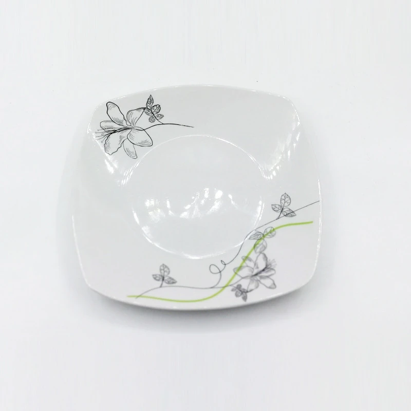 White bulk porcelain peacock fruit square  porcelain plate dish with 2 flower design