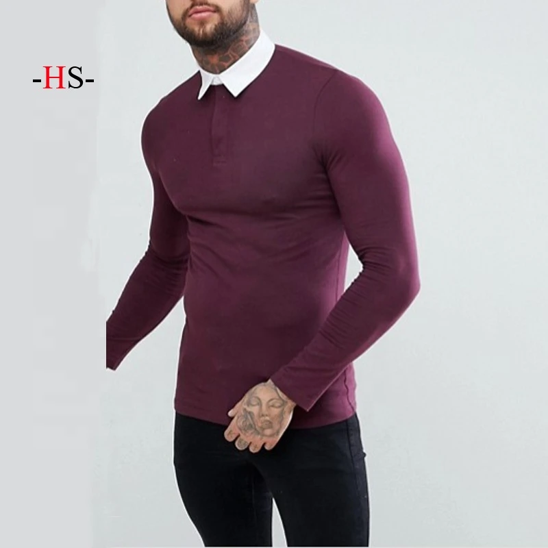 wholesale customized logo muscle fit Long Sleeve Polo Shirt label rugby polo shirt  for Men