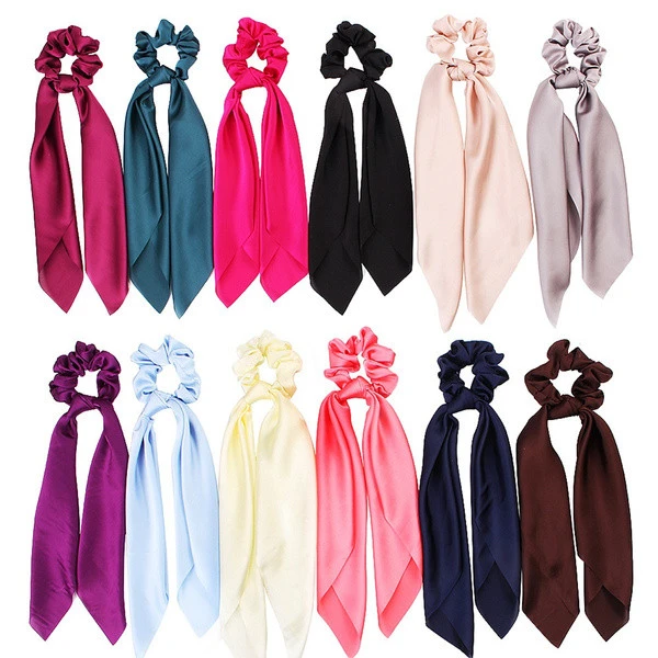 Wholesale DIY Bow Satin Long Ribbon Ponytail Scarf Elastic Hair Rope Hair Tie Scrunchies