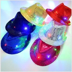 Wholesale Fashion Colorful Led Fedora grow In the Dark Hat With 9Leds Light jazz hat LED for adult and kids dance