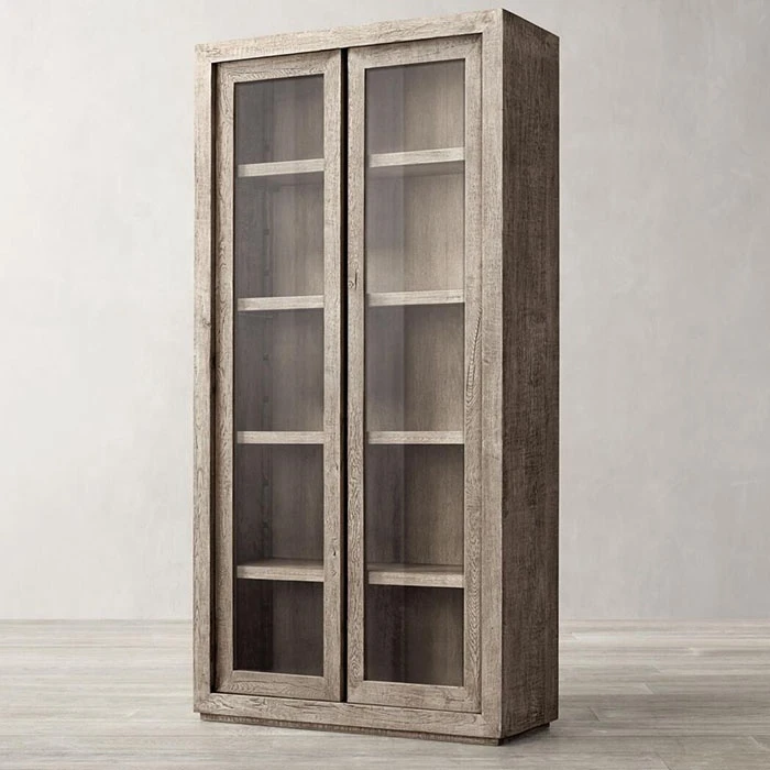 Wholesale OEM rustic Living Room furniture vintage solid wood oak glass double door bookcase