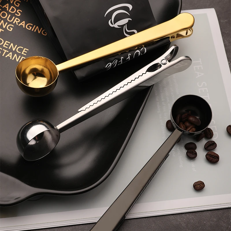 wholesale Stainless steel Coffee measuring spoon clip Tools Coffee Scoop with Seal Bag Clip