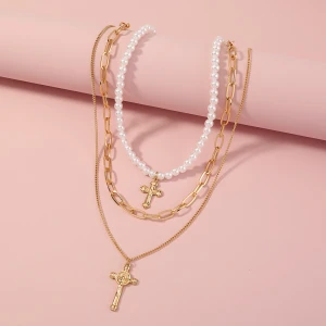 Women vintage Layered 18k Gold Chain Religion Belief Jesus Cross Charm Pendant Pearl Custom Necklace Jewelry