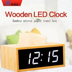 Wooden table tissue box with alarm clock and mirror digital display