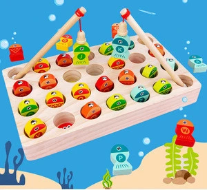 Wooden toys  wooden alphanumeric magnetic fishing dish number children fishing toys