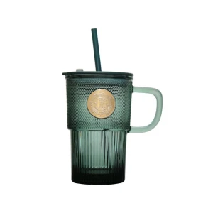 Classic Green Colored Glass Cup With Straw