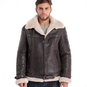 Sheepskin Long Coat For Men With Brown Fur, Army Genuine Winter Coat High Quality Long Coat, Handmade