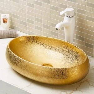 Wholesale Ceramic Bathroom Vanity Art Sink Luxury Oval Table Top Gold Wash basin sink