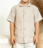 Little Boys 100% Linen Short Sleeves Turn Down Collar Top Kids Blouse