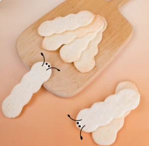 New product launch: Caterpillar-shaped rice cracker with delicious and interesting